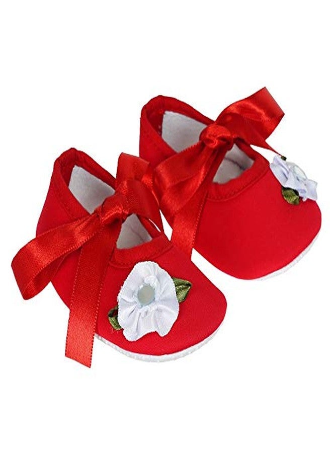 Rsmart Cotton Red Booties Shoes with White Flower Applique and Ribbon Closure for Baby Girl & Boy (Red, 12_months) - Image 1