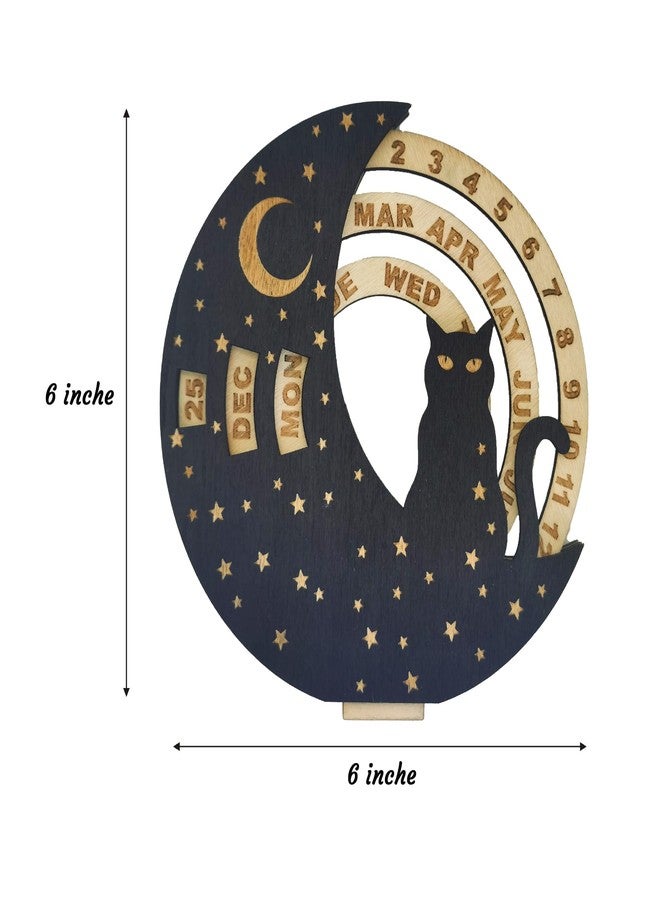 تقويم مكتبي دائم على شكل قطة من إنسيمارت، قابل لإعادة الاستخدام، مصنوع من الخشب، على شكل قمر صغير، مقاس 6 بوصات، بتصميم قرص دوار مبتكر، يُعد إضافة رائعة لديكور المكتب المنزلي لمحبي القطط. - Image 5
