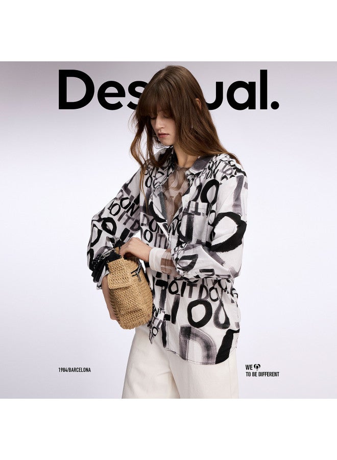 DESIGUAL 25 قميص نسائي فضفاض بطباعة حروف باللونين الأسود والأبيض من القطن الخالص - Image 2