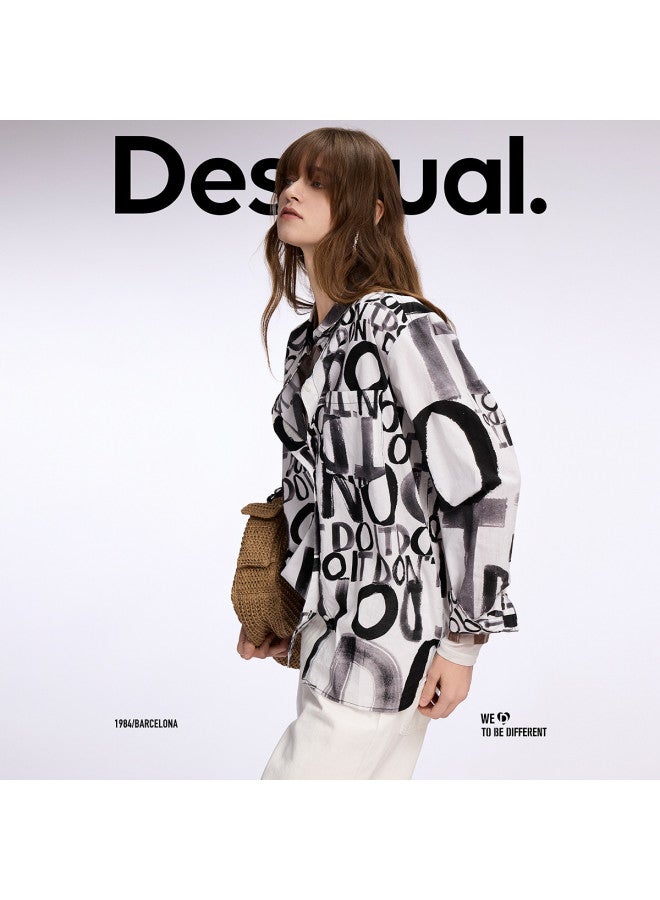 DESIGUAL 25 قميص نسائي فضفاض بطباعة حروف باللونين الأسود والأبيض من القطن الخالص - Image 5