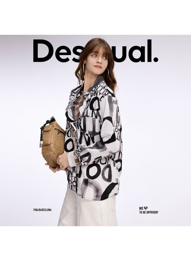DESIGUAL 25 قميص نسائي فضفاض بطباعة حروف باللونين الأسود والأبيض من القطن الخالص - Image 4