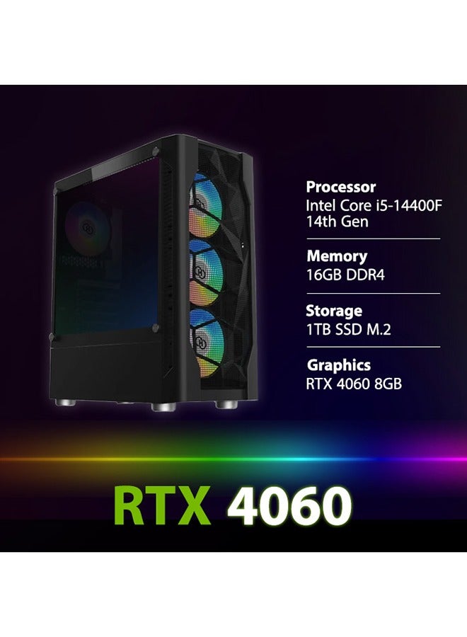 Generic PC Gaming With Intel Core i5-14400F Processor/16GB RAM DDR5/1TB SSD/ 8GB Nvidia GeForce RTX 4060 Graphics/Windows 11 Pro/Black 