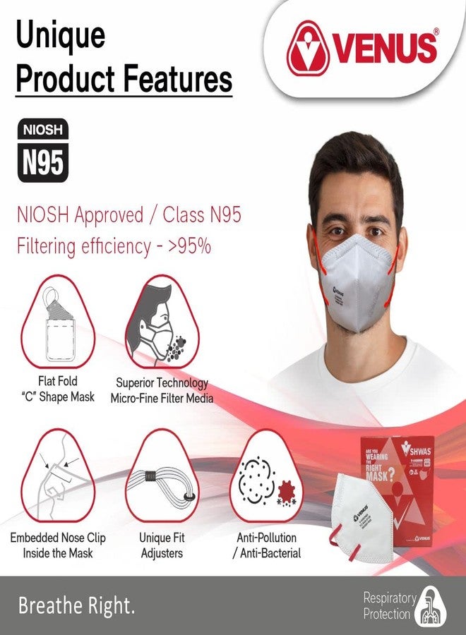 VENUS - V-4400 - N95 Face Mask - NIOSH Certified, Unisex Fold Flat Design, Dust, Bacterial & Viral Protection - White - Pack of 10 - Image 5