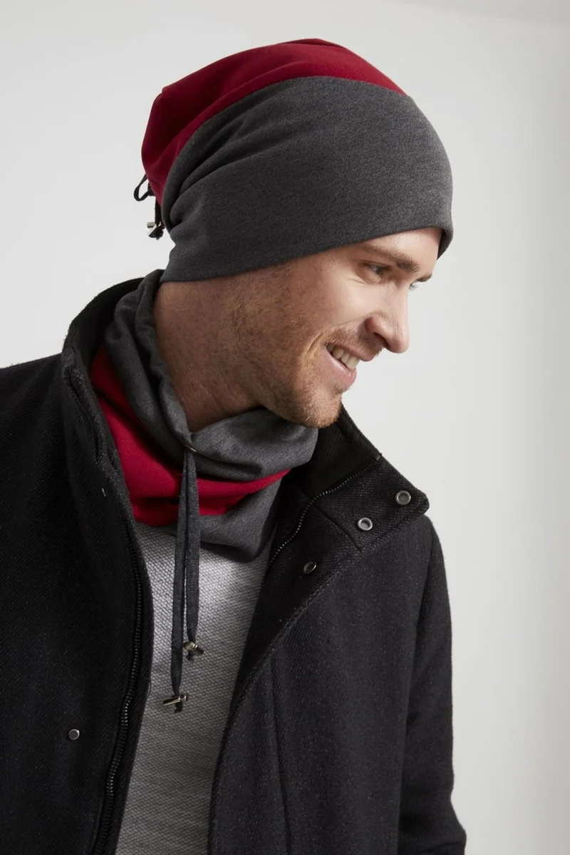 بوتيكجيز Men's Young New Season Smoked Red Piece String Hat Beanie Neck Collar Suit SportsComfortable Cotton Thermal