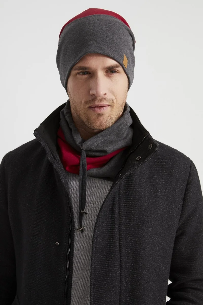 بوتيكجيز Men's Young New Season Smoked Red Piece String Hat Beanie Neck Collar Suit SportsComfortable Cotton Thermal