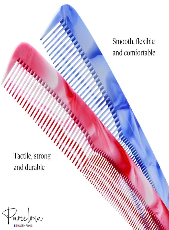 Parcelona French Small 5.25 Inch Pocket Hair Comb for Women Men, Cellulose Acetate Marble Pattern Wide and Fine Teeth Detangler Combs for Daily Grooming (Red & Blue) - Image 2