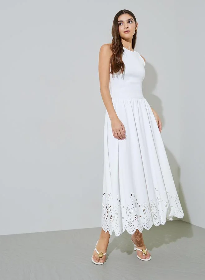 Styli white Off White Laser-Cut Sleeveless A-Line Maxi Dress for Women | Best Price UAE