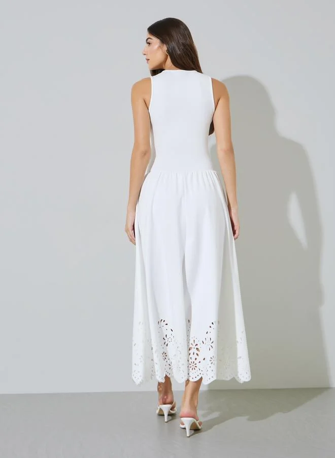 Styli white Off White Laser-Cut Sleeveless A-Line Maxi Dress for Women | Best Price UAE