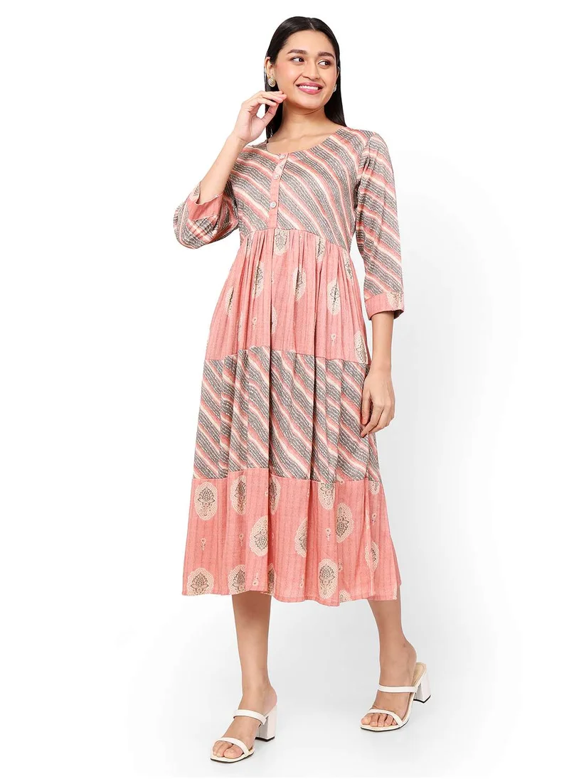 هانا آند سارا FLORAL AND STRIP PRINTED FRONT STYLED BUTTONED ARABIC KAFTAN JALABIYA DRESS