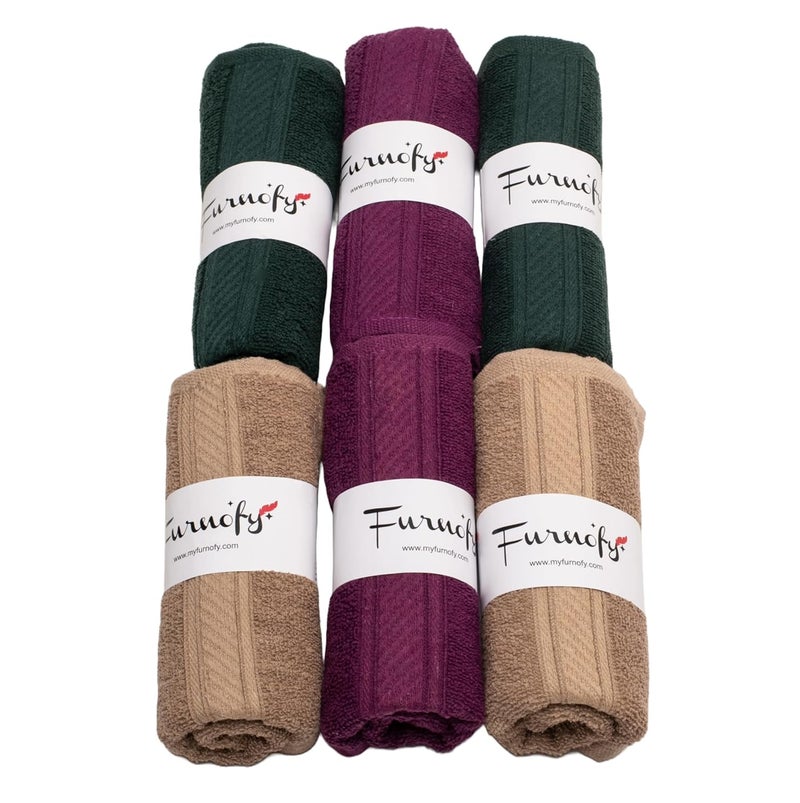 Furnofy 450 GSM Hand Towel Set of 6 Soft Absorbent Quick Dry Towel for Gym Home Kitchen Pool Travel 40x60 cm Magenta Olive Beige - Image 1