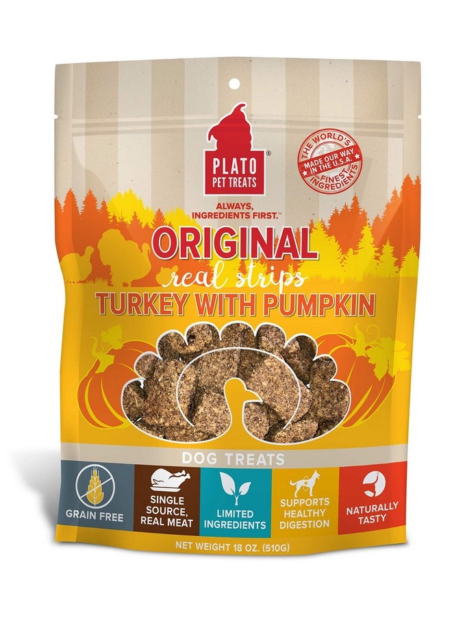 بلاتو مكافآت الكلاب الطبيعية من Turkey Real Strips - لحم حقيقي - مجفف بالهواء - صنع في الولايات المتحدة الأمريكية - ديك رومي وقرع، 18 أونصة  - Image 1