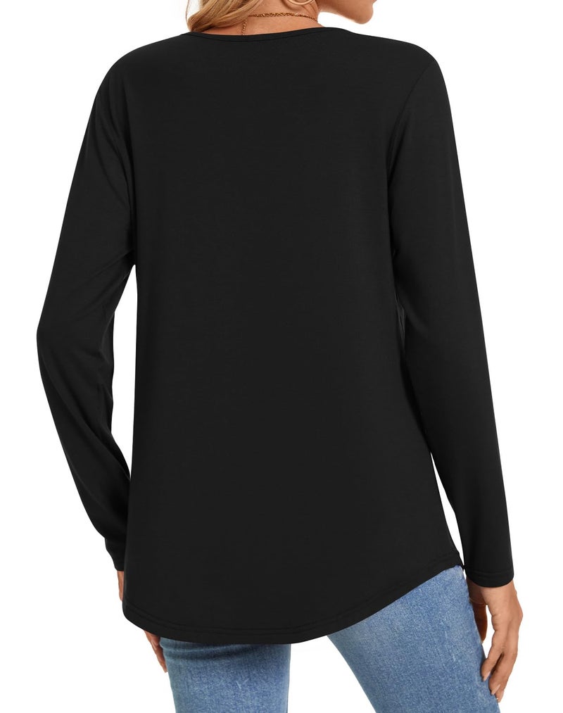 Anyhold Womens Fall Long Sleeve Tunics Tops Dressy Casual Pleated Blouses Trendy Crew Neck Shirts Medium, Black - Image 3
