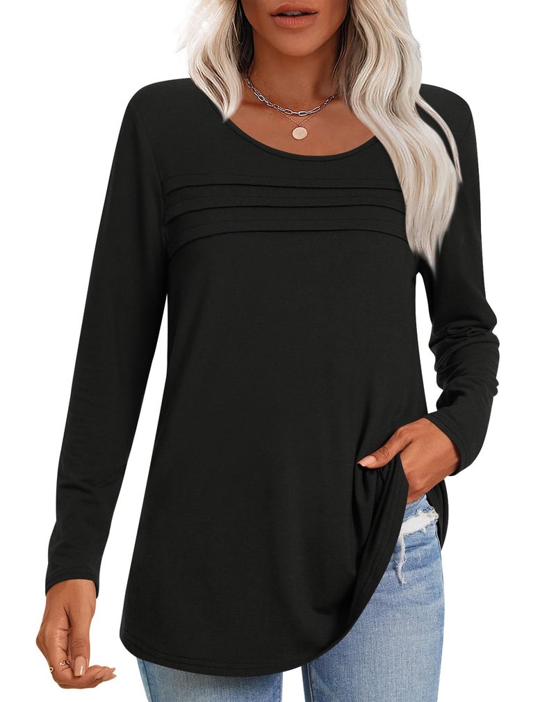 Anyhold Womens Fall Long Sleeve Tunics Tops Dressy Casual Pleated Blouses Trendy Crew Neck Shirts Medium, Black - Image 1