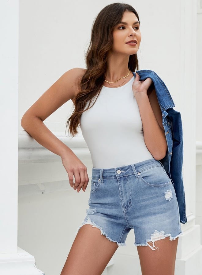 luvamia Jean Shorts for Women High Waisted Trendy Summer Casual Ripped Cutoff Stretchy Distressed Denim Shorts Jorts, Bay Blue Rip, L - Image 2