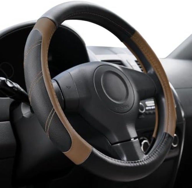Elantrip Leather Large Steering Wheel Cover 15 1/2 to 16 inch Soft Grip Breathable for Car Truck SUV Jeep Anti Slip Black and  Gray - Image 3
