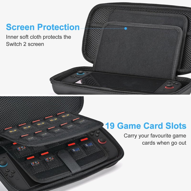 يونيك حقيبة يونيك المتنقلة المتوافقة مع NS Switch 2 (2025)، حقيبة حمل تحتوي على 19 فتحة لبطاقات اللعب، إكسسوارات Switch 2 تشمل حمالة كتف، حمالة معصم وملصق (أسود) - Image 3