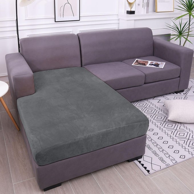 VELVET COUCH CUSHION COVERS STRETCH CHAISE LOUNGE SECTIONAL COUCH SEAT COVERS L SHAPE FOR SECTIONAL SOFA SOFT SOFA CUSHION SLIPCOVER WASHABLE WITH ELASTIC BOTTOMCHAISE GREY
