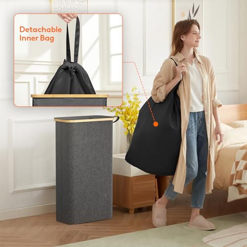 Lifewit 65L Slim Laundry Hamper with Lid, Narrow Laundry Basket with Removable Bag & Bamboo Handles, Fodable Thin Dirty Clothes Hamper for Laundry Collapsible Bin for Bathroom Bedroom Dorm, Dark Gray - Image 5
