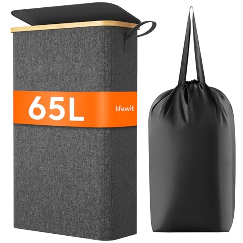 Lifewit 65L Slim Laundry Hamper with Lid, Narrow Laundry Basket with Removable Bag & Bamboo Handles, Fodable Thin Dirty Clothes Hamper for Laundry Collapsible Bin for Bathroom Bedroom Dorm, Dark Gray - Image 1