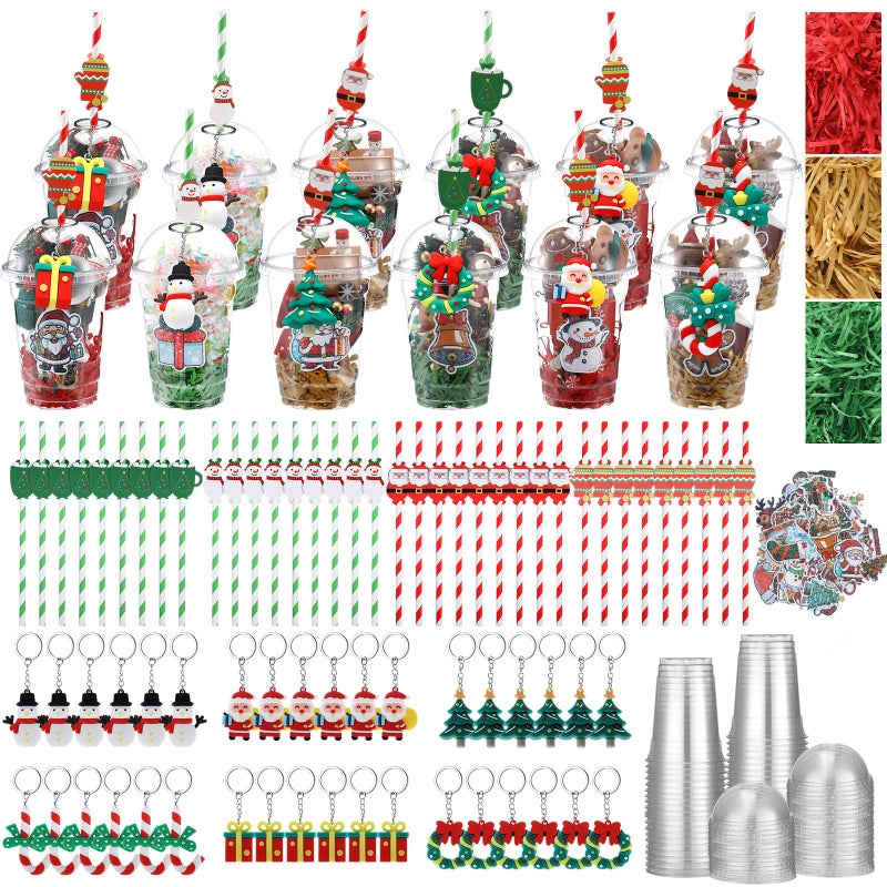 FoldTier 211 Pcs 36 Set Christmas Party Favors Gifts Xmas Gift Cups Filler with Lids Straws Sticker Pendant Raffia for Christmas Stocking Stuffers Classroom Gift Exchange Goodie Bag Fillers Supplies - Image 3