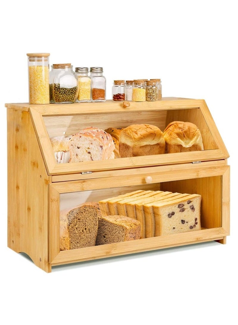 صندوق خبز الخيزران، صندوق خبز مزدوج الطبقات مع نافذة شفافة، حاوية كبيرة لتخزين الطعام للخبز والفواكه والخضروات - Image 1