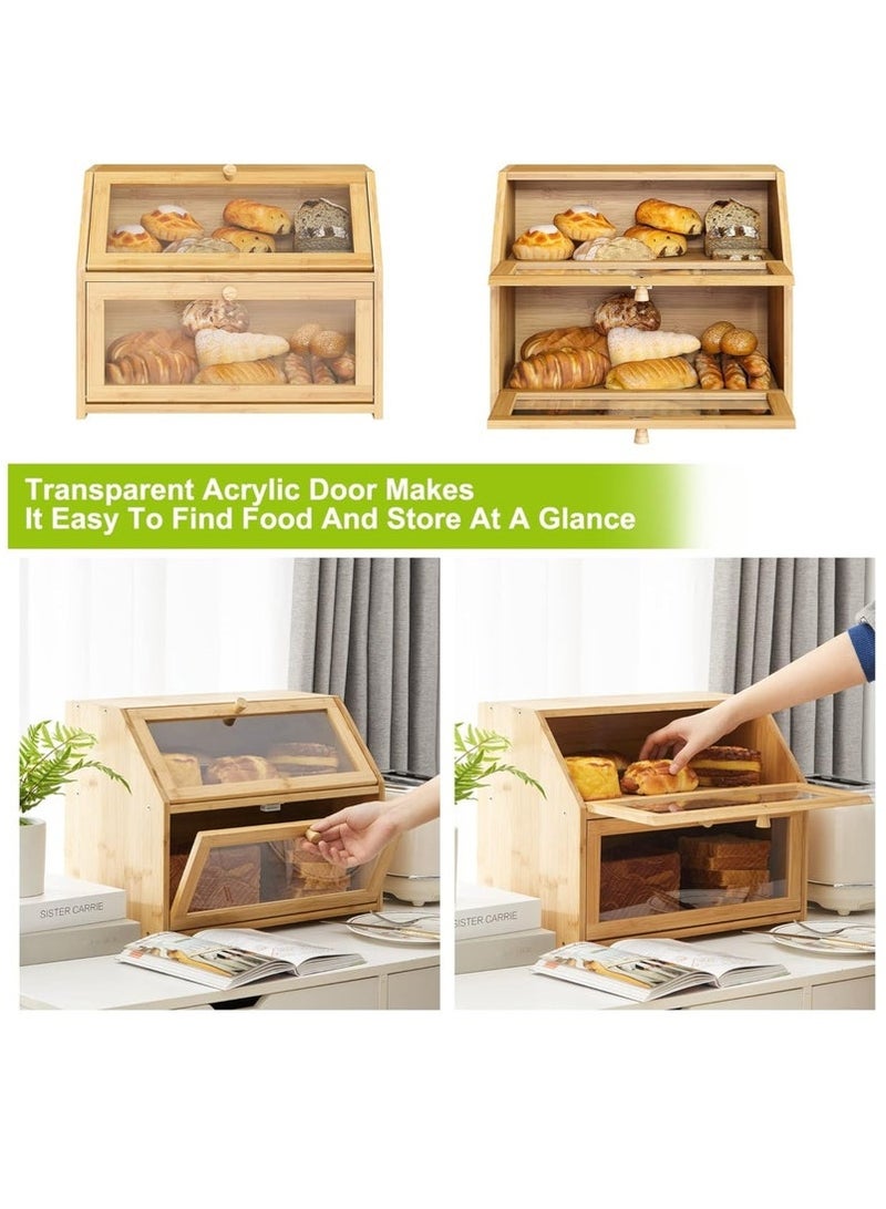 صندوق خبز الخيزران، صندوق خبز مزدوج الطبقات مع نافذة شفافة، حاوية كبيرة لتخزين الطعام للخبز والفواكه والخضروات - Image 3