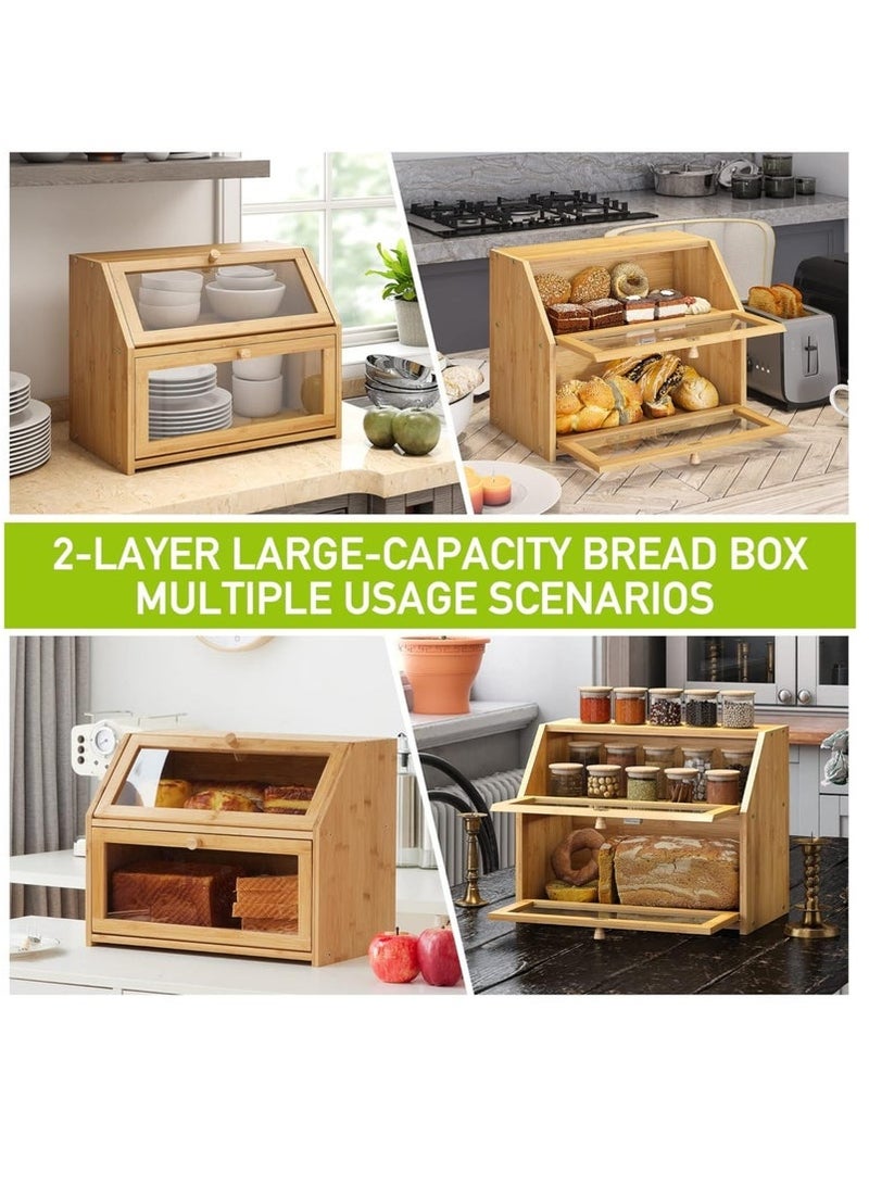 صندوق خبز الخيزران، صندوق خبز مزدوج الطبقات مع نافذة شفافة، حاوية كبيرة لتخزين الطعام للخبز والفواكه والخضروات - Image 5