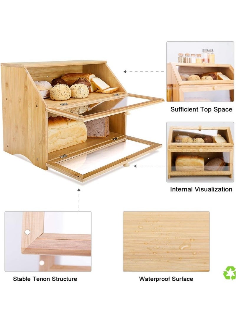 صندوق خبز الخيزران، صندوق خبز مزدوج الطبقات مع نافذة شفافة، حاوية كبيرة لتخزين الطعام للخبز والفواكه والخضروات - Image 4