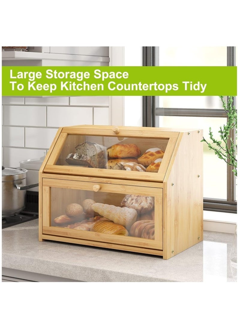 صندوق خبز الخيزران، صندوق خبز مزدوج الطبقات مع نافذة شفافة، حاوية كبيرة لتخزين الطعام للخبز والفواكه والخضروات - Image 2