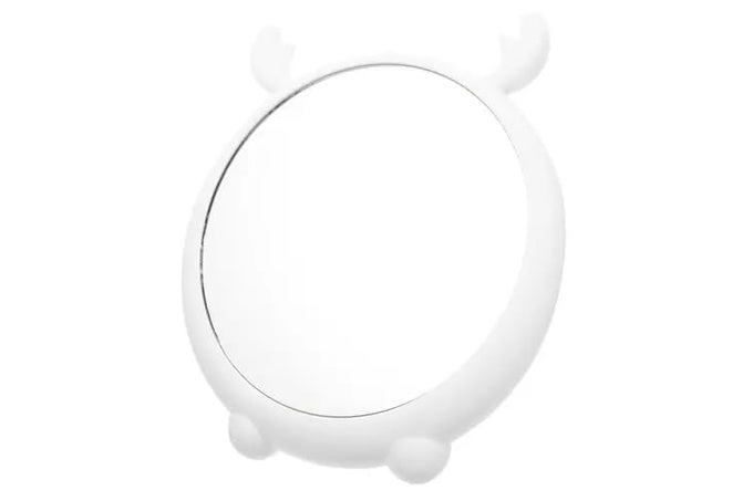 ROUND MAKEUP MIRROR WITH CUTE CARTOON DESIGN DESKTOP VANITY MIRROR STAND FOLDING COSMETIC PLASTIC MIRROR WALL HANGING OPTION FOR HOME AND BATHROOM WHITE