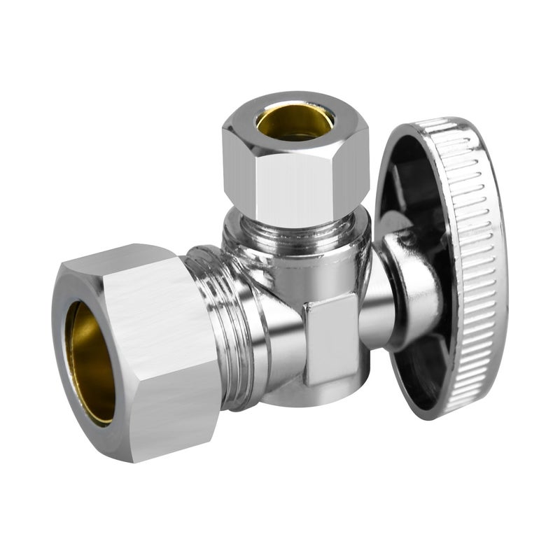 صمامات التوقف 1/2""؟ صمام إيقاف زاوية 3/8 بوصة 1/2 بوصة اسمي (5/8 بوصة OD Comp.) مدخل زاوية 3/8 بوصة مخرج ضغط OD 1/4 دورة نحاس مطلي بالكروم لصمامات صنبور المطبخ - Image 1