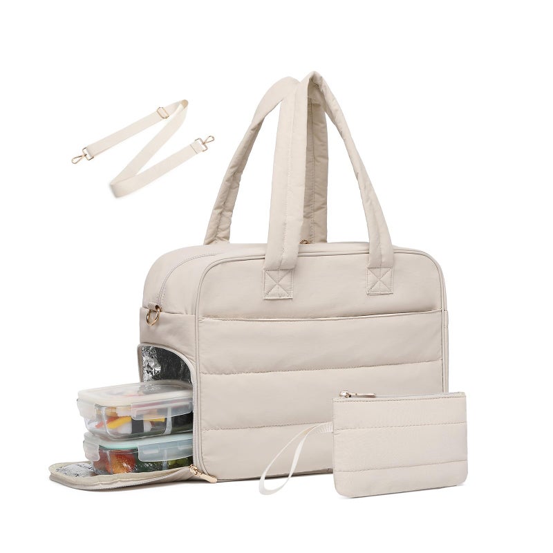 BAVERGE Lunch Tote Bag for Women Work, 15.6 Inch Laptop Purse with Insulated Lunch Compartment Coin Wallet for Meal, Large Puffy Quilted Travel Duffle Bag - Image 1