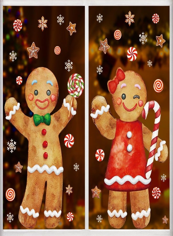 Ivenf Christmas Window Clings Decorations: 2 Sheets Extra Large Gingerbread Man Couple Window Stickers, Cute Gingerbread Peppermint Candy Canes Snowflake Decals for Home Office Holiday Party Décor - Image 1