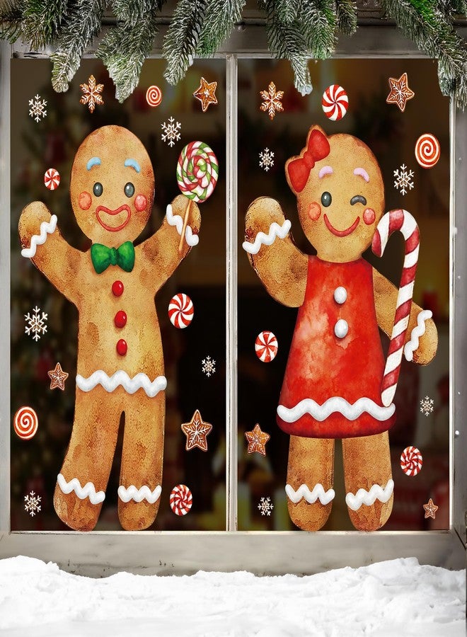 Ivenf Christmas Window Clings Decorations: 2 Sheets Extra Large Gingerbread Man Couple Window Stickers, Cute Gingerbread Peppermint Candy Canes Snowflake Decals for Home Office Holiday Party Décor - Image 4