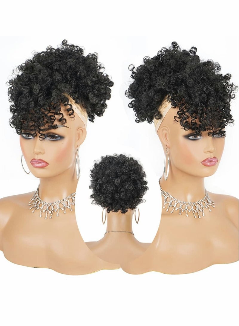 Captaintech Afro Puff Wig, Drawstring Black Fluffy Ponytail with Bangs Pineapple Updo Hair for Women, Short Kinky Curly Ponytail Bun - Image 5