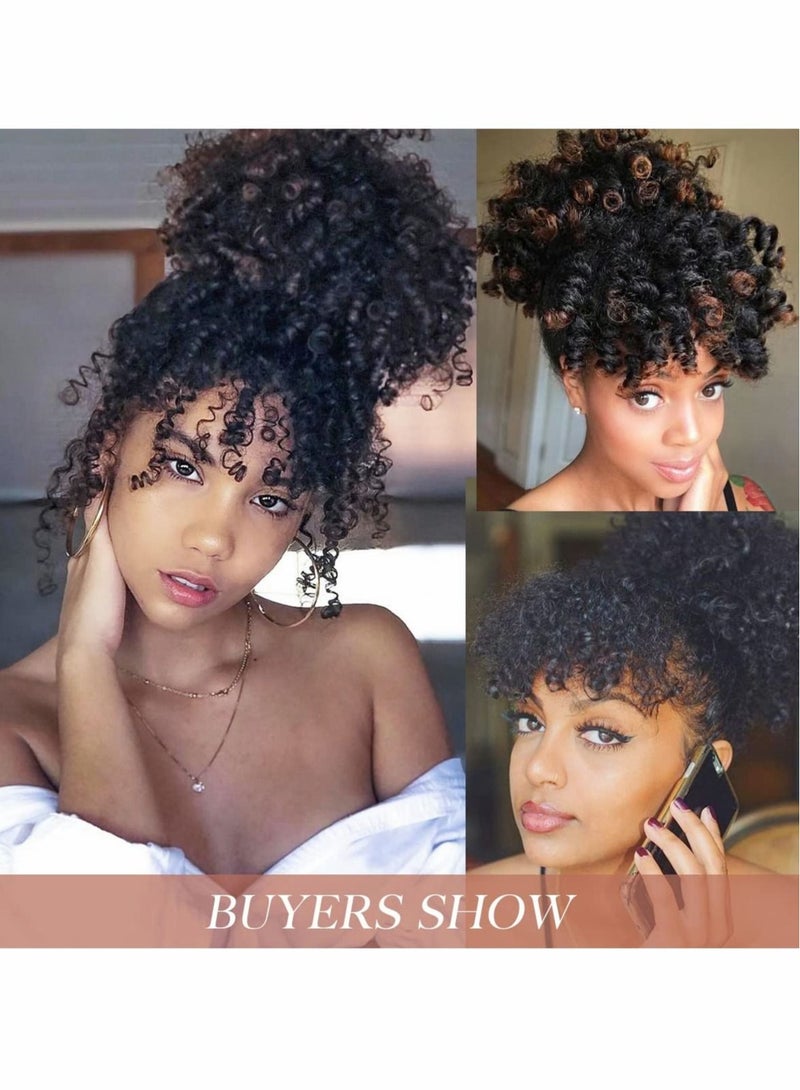 Captaintech Afro Puff Wig, Drawstring Black Fluffy Ponytail with Bangs Pineapple Updo Hair for Women, Short Kinky Curly Ponytail Bun - Image 4