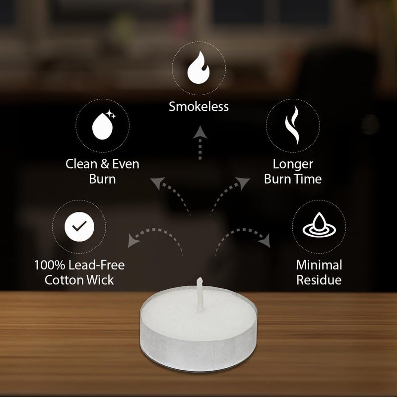 D'Velas ™ White Unscented Wax Tealight Candles - Pack of 100 | 2 Hours Burning Time, Paraffin Wax, Unscented, Smokeless, Dripless, for Home Decor, Offices & Other Occasions (White, Pack of 100) - Image 5