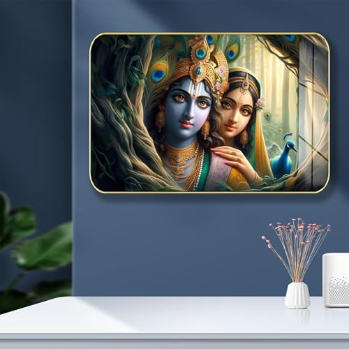 Masstone Radha Krishna Crystal Embedded High Gloss Wall Painting, Golden Slim Frame, 45x30 Cm Wall Art for Living Room, Bedroom, Office & Home Décor (CRG34) - Image 1