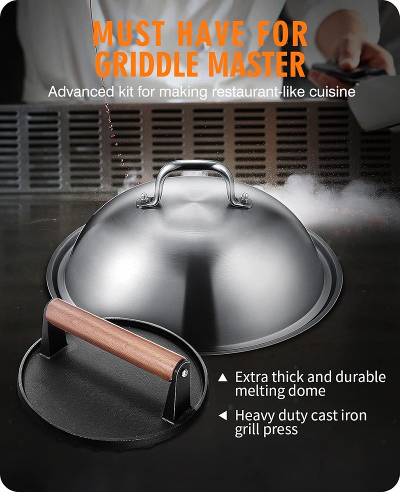 homenote Griddle Accessories for Blackstone, Commercial Grade 12 Inch Heavy Duty Melting Dome with Round Cast Iron Smash Burger Press Perfect for Flat Top Hibachi Grill Outdoor Indoor - Image 5