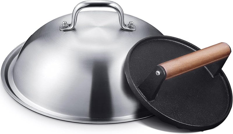 homenote Griddle Accessories for Blackstone, Commercial Grade 12 Inch Heavy Duty Melting Dome with Round Cast Iron Smash Burger Press Perfect for Flat Top Hibachi Grill Outdoor Indoor - Image 1