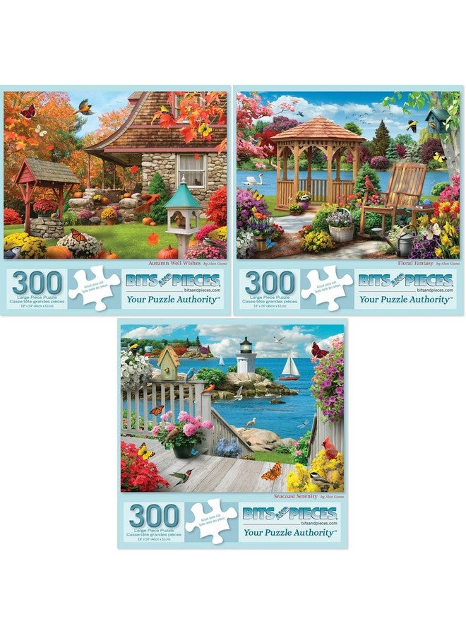 بيتس آند بيسيز قطع وقطع - مجموعة قيمة من (3) ألغاز الصور المقطوعة، مكونة من 300 قطعة للبالغين - مقاس كل لغز 18 بوصة × 24 بوصة - 300 قطعة من ألغاز أمنيات الخريف، وسكينة الساحل، والخيال الزهري من تصميم الفنان آلان جيانا - Image 1