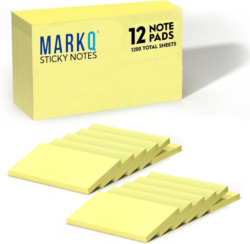 MARKQ Sticky Notes 3x5 Inches – Canary Yellow 75x125mm Self-Stick Notes, Strong Adhesive for To-Do Lists, Reminders, Note Taking & Office Organization - Pack of 12, 1200 Sheets - Image 1
