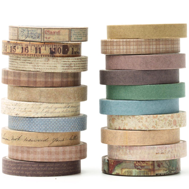 YUBX Vintage Washi Tape Set 20 Rolls Skinny Retro Decorative Antique Patterns Masking Tapes for Arts, DIY Crafts, Journals, Planners, Scrapbook, Wrapping (Vintage) - Image 1