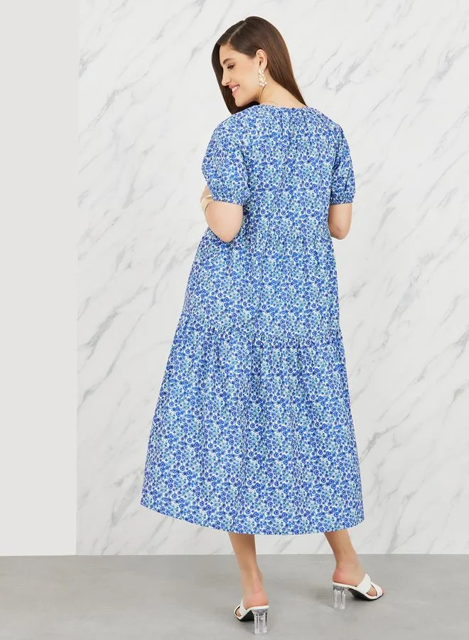 Styli Ditsy Print A-Line Tiered Midi Dress