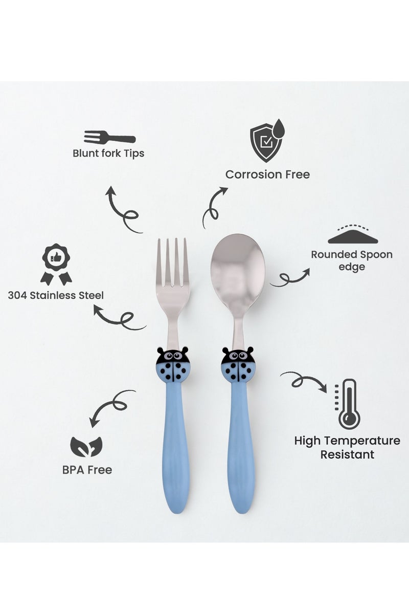 BrainGiggles Kids Cutlery Set, Stainless Steel Spoon and Fork Flatware for Children with Rounded Edges, BPA-free Cute Cartoon Handles with Non-Slip Grip, Toddler Children Tableware (Blue) - Image 2