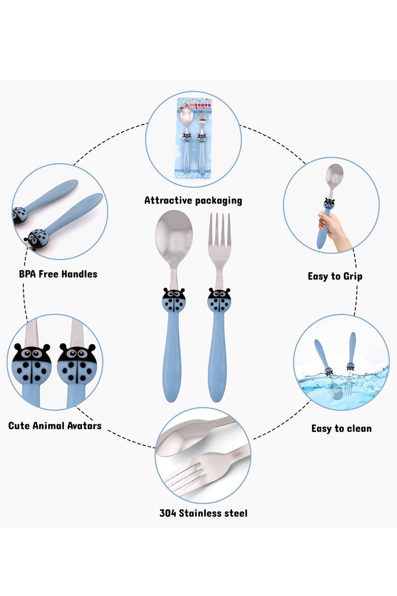 BrainGiggles Kids Cutlery Set, Stainless Steel Spoon and Fork Flatware for Children with Rounded Edges, BPA-free Cute Cartoon Handles with Non-Slip Grip, Toddler Children Tableware (Blue) - Image 3