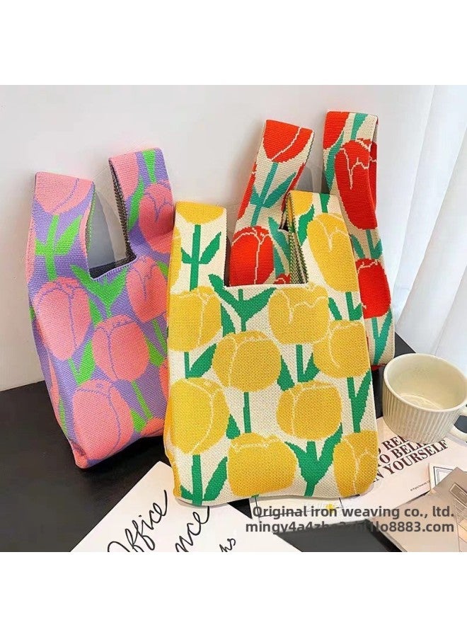 Tulip Flower Knitted Large Capacity Bag Decorative Gift Bag Women's Teacher's Day Women's Day Gift Knitted Bag-Color:Three Red Flowers-Size:20*36 - Image 2