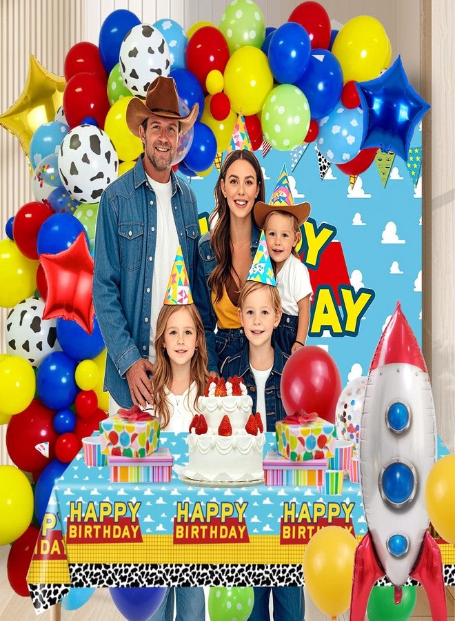 FEXICHUJI Cartoon 154Pcs Toys Inspired Story Birthday Decorations Including Balloon Arch, Backdrop, Tablecloth and Rocket Balloons, Toys Inspired Story Themed Birthday Party Supplies for Kids - Image 2