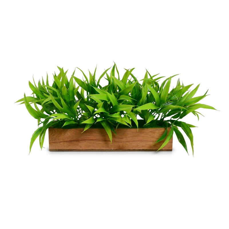 DecoreBugs Artificial Plant Bamboo Leaves in Wooden Rectangular Tray, Faux Desk Plant in Pot for Indoor Home Office Any Room Decor, Width 20cm x Height 12cm - Image 1