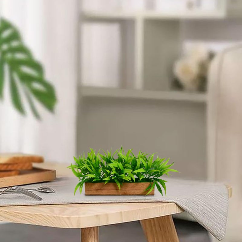 DecoreBugs Artificial Plant Bamboo Leaves in Wooden Rectangular Tray, Faux Desk Plant in Pot for Indoor Home Office Any Room Decor, Width 20cm x Height 12cm - Image 4